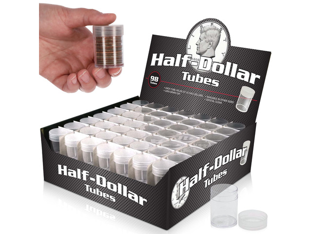 Coin Tubes for Half Dollars, 98ct Holds Kennedy Half Dollar, Durable Plastic, Airtight Lids, Coin Storage & Collecting Supplies