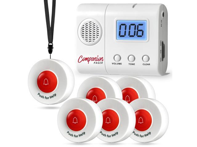 Wireless Caregiver Pager System with 6 Call Buttons and LCD Pager Vibration alerts with one-off or repeat reminders every minute for elderly care.