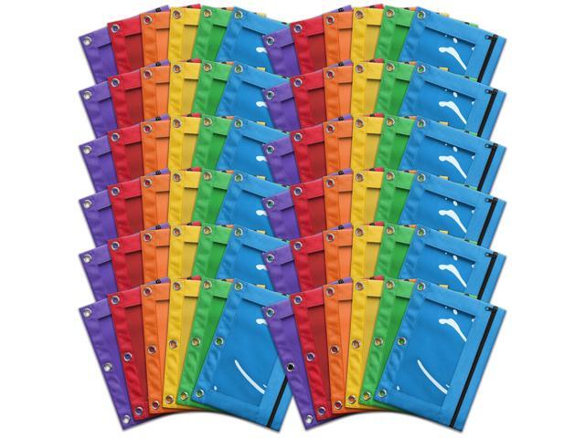72 Packs Pencil Pouch for 3 Ring Binder, Bulk 3-Holes Zipper Pencil Pouches in Assorted Colors, Sturdy and Durable Cloth Pencil Case with Clear.