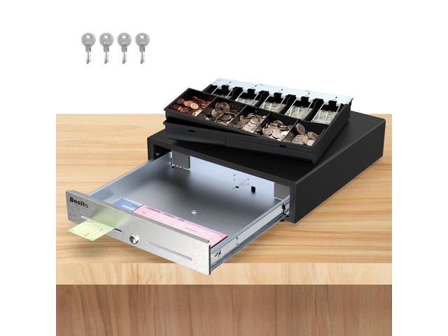 16' Cash Drawer for Small Business - Stainless Steel Front Panel, Removable Cash Tray, Electronic Cash Box, 5Bill/5Coin, RJ11/12 Cable Cashier...
