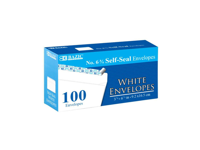 #6 3/4 Self-Seal White Envelopes, 100 Ct, 24-Case #6 3/4 self-seal white mailing envelopes, 3 5/8 x 6 1/2 in, peel-and-seal strip for checks,...