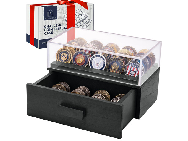 Black Wooden Challenge Coin Display Case with Clear Cover - Medium Military Coin Display Case Holds 20 Coins on Top & 16 in The Storage Drawer -...