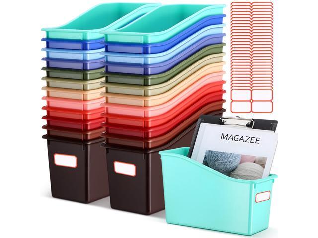 24 Pcs Plastic Book Bins Bulk for Classroom Interlocking Magazine Holder Organizer Folder Binder Storage Container Box with Name Labels for School.