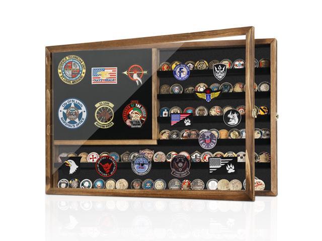 Challenge Coin Display Case, 27.6'x 18.1'Lockable Military Coin Holder with Removable Board & HD Tempered Glass Door, Solid Wood Wall Mount Shadow.