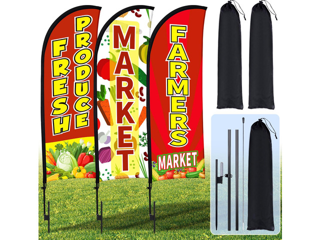 3 Pack 12ft Fresh Produce Farmers Market Feather Flags Banners Advertising Sign Fresh Produce Flag with Flag Pole Ground Stake Portable Bag for...
