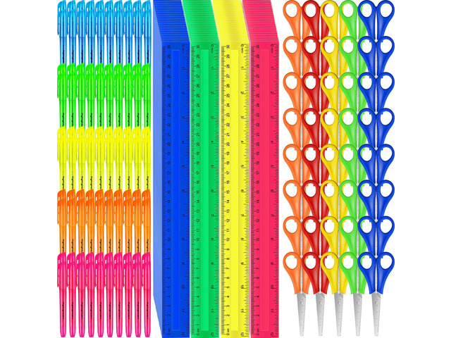 300 Pcs Back to School Supplies Kit, Include 100 Pcs 12 Inch Plastic Rulers 100 Pcs Assorted Colors Highlighters 100 Pcs Student Scissors for Kids...