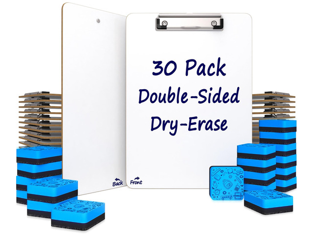 Dry Erase Clipboard Double Sided 9x12 with Erasers 30 Pack 30 Clipboards And 30 Erasers Included, Double Sided Hardboard Build, Reinforced Clip,...