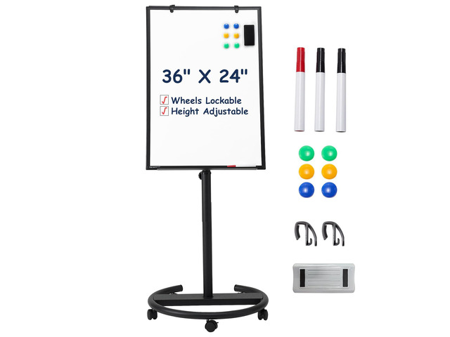 Mobile Whiteboard Standing - 36 X 24 Inches Magnetic Rolling White Board, Height Adjustable Dry Erase Board on Wheels with Flip Chart Hooks, Black