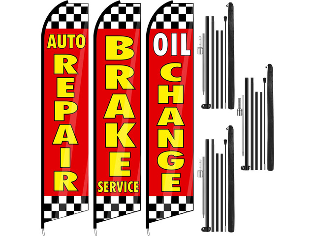 3 Pack Auto Repair Feather Flag -12 ft Advertising Flags for Business with Pole Kit Automotive Service Brake Oil Change Banner Feather Signs Set...