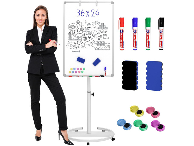 Mobile Whiteboard 36'x 24' Magnetic Dry Erase Board, Height Adjustable Standing Easel with 5 Wheels, Flipchart Hooks, Rolling for Office Home or...