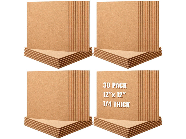 30 Pack Cork Board Square 12' x 12', 1/4' Thick Cork Board Tiles Bulk for Wall Self Adhesive Bulletin Corkboards Tiles Sheet for Wall School Office...
