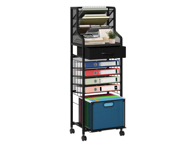 10-Tier Rolling File Cart - Mesh Paper Organizer with Drawer and Hanging File Folders on Lockable Wheels, Rolling File Cabinet for Office...
