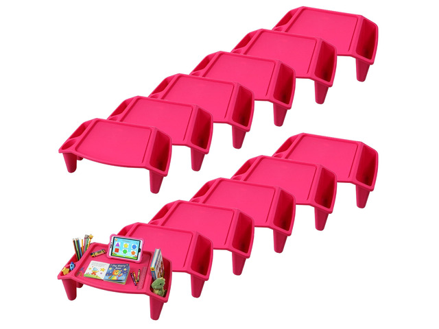 Set of 12 Pink Activity Desk Tables with Built-In Cup Holder and Storage Compartments, Multipurpose Lap Trays for Home Learning, Art Activities,...