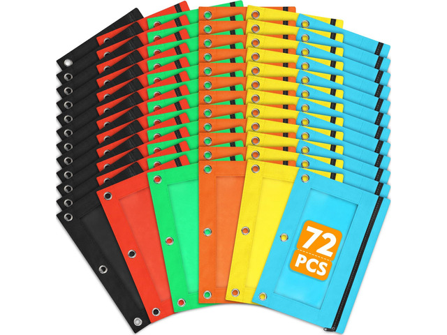72 PCS Pencil Pouch for 3 Ring Binder, Zipper Pencil Pouches in 6 Colors, 3 Ring Pencil Pouches with Clear Window, Binder Pencil Pouch Bulk for...