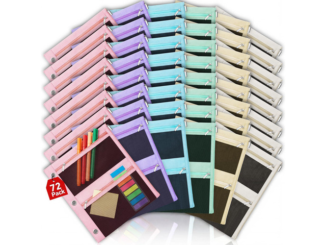 72 Pcs Pencil Pouch for 3 Ring Binder, 3 Pocket Zipper Binder Pouch Bulk, 9'x11' Binders Pencil Case, Pastel School Supplies for Girl Boy Student,...