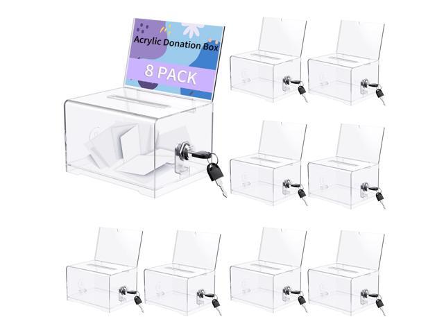 8 Pack Clear Acrylic Donation Containers with Lock and Sign Holder, 6.1 x 4.6 x 3.9 Inch Ballot Box, Raffle Ticket Box, Tip, and Suggestion.