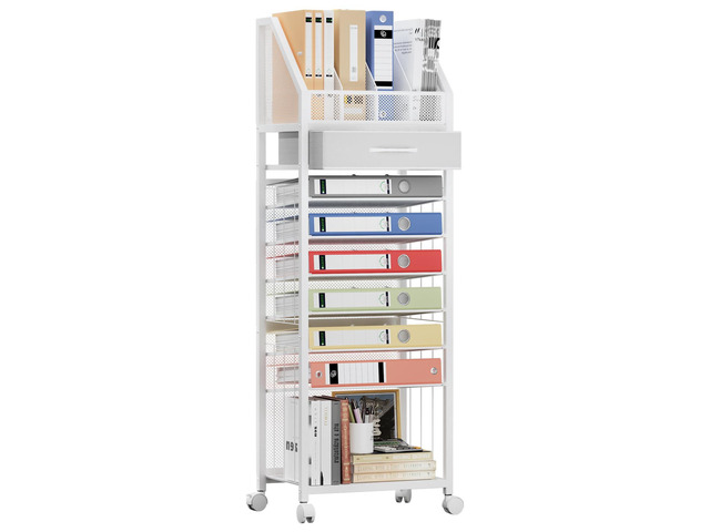 9-Tier Rolling File Cart - Paper Organizer with Drawer and Trays, Wood Desk Office Organizer, Office Organization and Binder Storage for Workspace,...