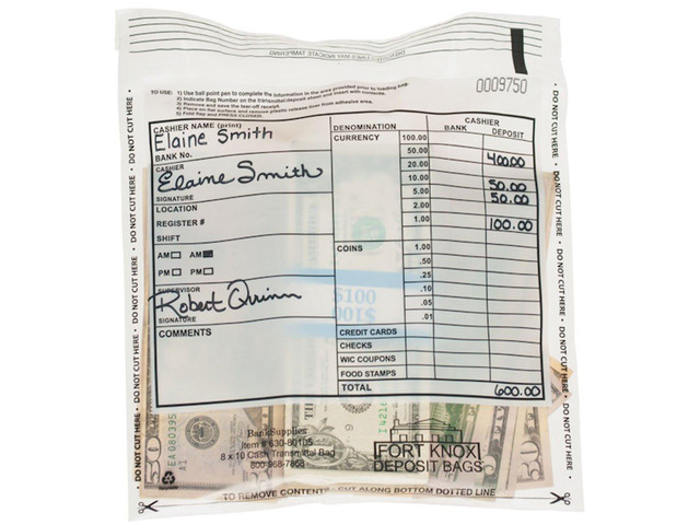 Clear Cash Deposit Bags 8W x 10H 500 Pack Tamper Evident Peel Write-on Panel Perforated Bottom Matching Serial Number and Barcode Deposit Plastic Bags