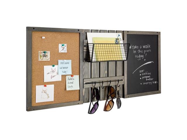 3 Panel Gray Solid Wood Bulletin Board Set Chalkboard Cork Board Wall Mounted Design, Mail Basket Storage, Hanging Rail, Entryway Command Center,.