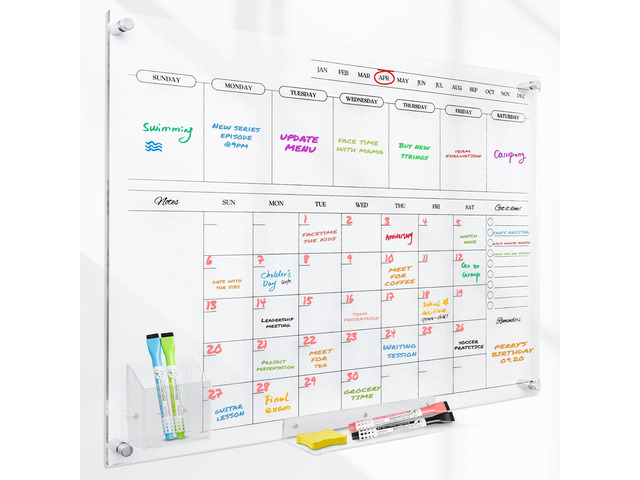 Acrylic Calendar for Wall - 24x18 Wall Calendar, Dry Erase Calender, Clear Calendar for Wall, Includes Magnetic Pen, Tray Holders, 4 Markers and 1...