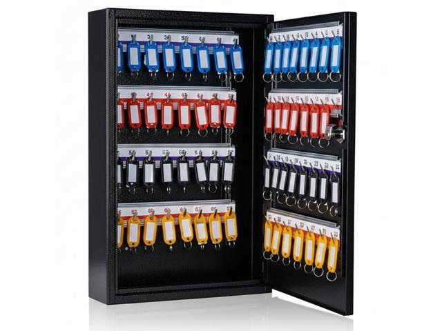 Metal Key Cabinet - 64 Position Wall Mount Car Key Lock Box with Key Tags - Vehicle Key Organizer Storage Locker, Black, 11.81' x 3.15' x 17.72'