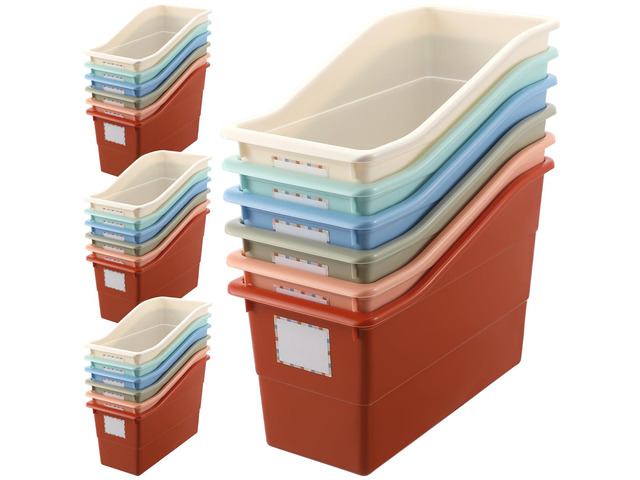 24 Pcs Plastic Book Bins Bulk with Labels for Classroom Office, Boho Interlocking Organizers for Classroom Teachers, Magazine File Holders Library...
