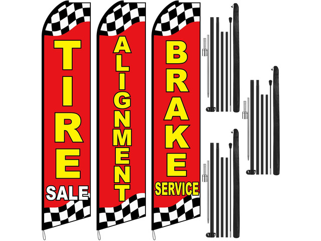 3 Pack Auto Repair Feather Flag -12 ft Advertising Flags for Business with Pole Kit Tire Sale Alignment Brake Service Banner Feather Signs Set for...