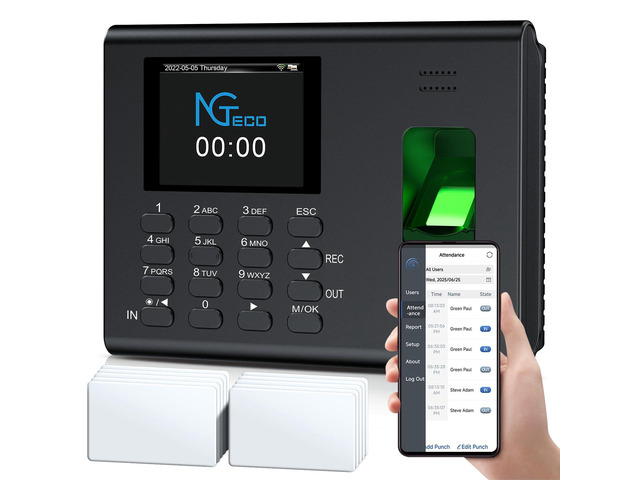 APP-Based Time Clock for Employees Small Business, 3-in-1 Automatic Fingerprint Clock in and Out Machine with 2000mAh Battery, 2.4GHz WiFi,...