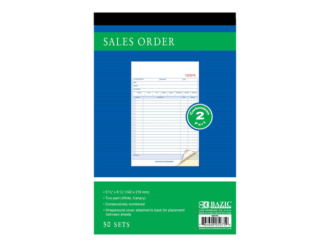 Sales Order Book, 2-Part Carbonless, 50 Sets, 72-Case 50 numbered 2-part carbonless sets, 5 9/16 x 8 7/16 in, white original plus canary copy