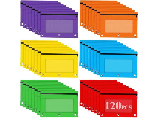 3 Ring Binder Pencil Pouch, 120 Pack Bulk Zipper Pencil Cases with Clear Window, 6 Color Cloth Binder Pouches with 3 Holes, Durable Pencil Bags for...