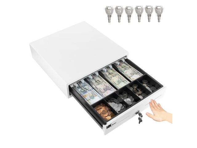 13inch Heavy Duty Manual Push-Open Cash Drawer with 4Bill/5Coin, Removable Till, Two Medial Slots, White