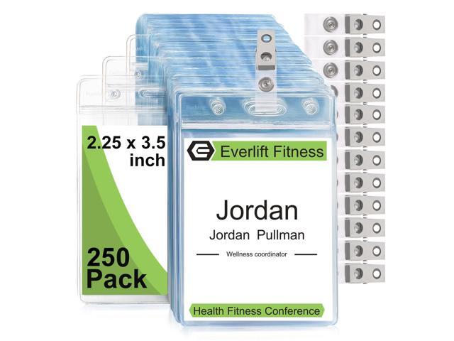 Name Badge Holders with Clips - 250Pcs Waterproof Vertical Clear Plastic ID Badge Name Tag Holders with Metal Clips and Vinyl Straps