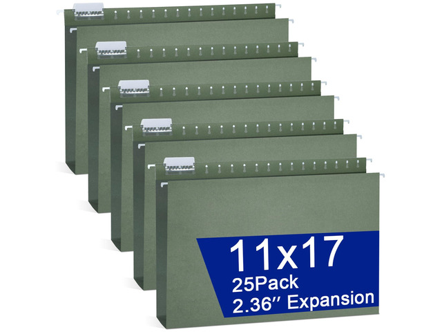 25 Pack 11×17 Expanding Hanging File Folders for Filing Cabinet 1/5 Cut Heavy Duty Hang Folders with Plastic Tabs & Label Cards Extra Large Hangers...