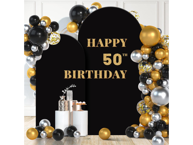 Set of 2 Arch Backdrop Cover 7.2FT, 6FT Black and Happy 50th 60th 70th Birthday Decal Sign - Adjustable Arch Covers Stretchy Backdrop for Wedding...
