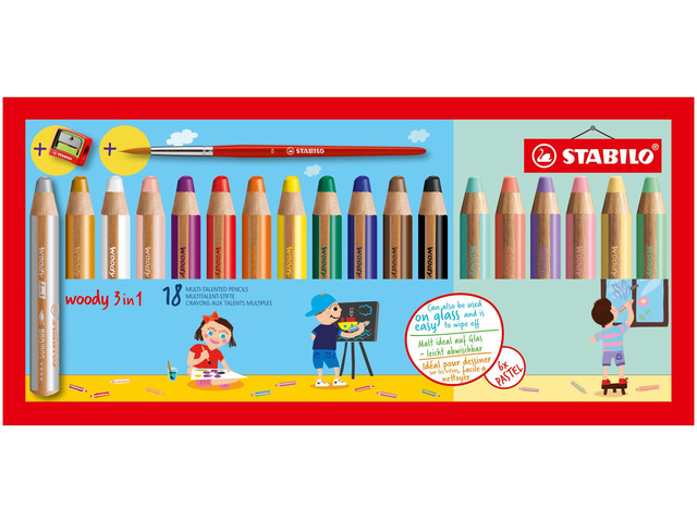 woody 3-in-1 - Multi-Talented Pencil - Pack of 18 - with 10 Assorted Standard, 6 Pastel colors, Sharpener and Paint Brush