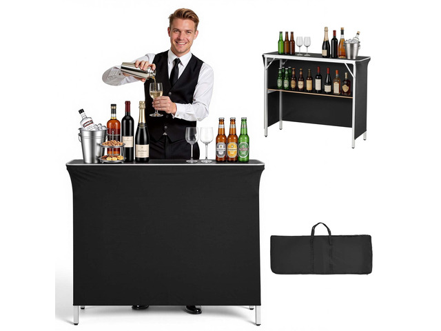 Folding Portable Bar Table, 43.3 x 15.2 x 34.8 in, with Carry Bag, Storage Shelf, and Detachable Skirt, Quick and Easy Setup, Foldable Mobile...