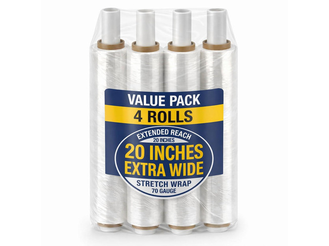 Stretch Wrap Extra Wide Stretch Film Roll (4 Rolls) - 20 in Wide & 1000 ft long Clear Plastic Wrap with Handles for Pallet Wrapping Shipping Moving