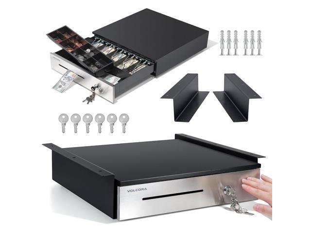 Manual Push Open Cash Register Drawer with Under Counter Mounting Metal Bracket - 16' Black/Stainless Steel Front Cash Drawer for POS, Partial...