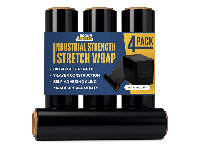 Stretch Film Wrap - Black, 18'x1500 ft, 80 Gauge 4 Rolls Heavy Duty Pallet Wrap Stretch Wrap Roll for Packing, Moving & Shipping Industrial...