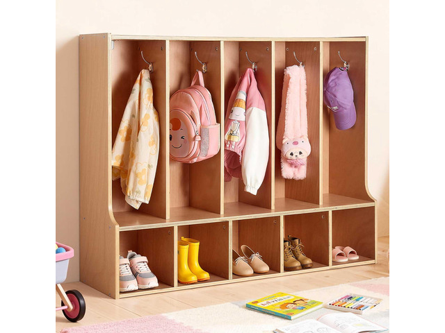 5-Section Coat Locker with Bench, Kids Lockers with 10 Hooks & Non-Slip Mat, Classroom Cubbies for Daycare, Home, Kindergarten- Natural