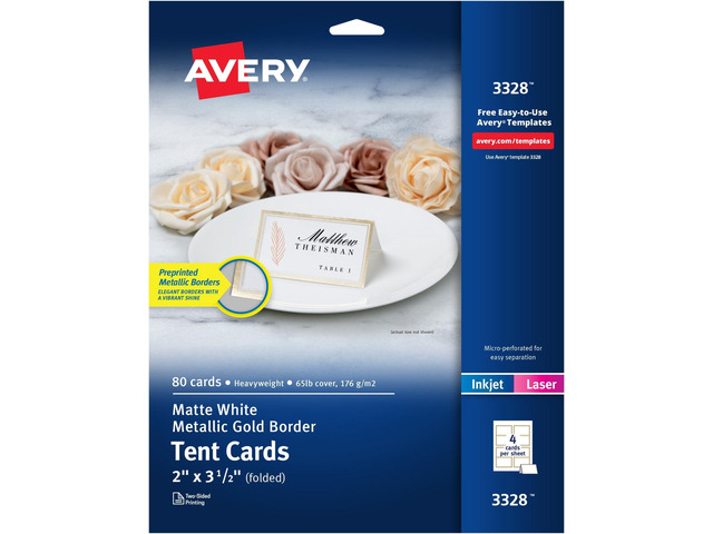 Tent Cards Metallic Gold Border 2 x 3.5 Inch White Cardstock Pre-scored For Laser & Inkjet Printers 80 Cards, Pack of 5