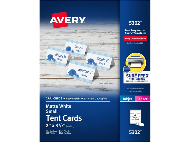 Printable Tent Cards with Sure Feed Technology,2' x 3.5',White,160 Blank Place Cards for Laser or Inkjet Printers (5302),(Pack of 5)