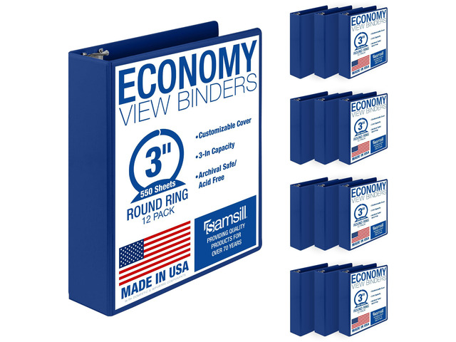 3 Inch 3 Ring Binders, Economy Round Ring, Clear View Cover, 550 Sheet Capacity - for School, Home, Office - Blue, 12 Pack
