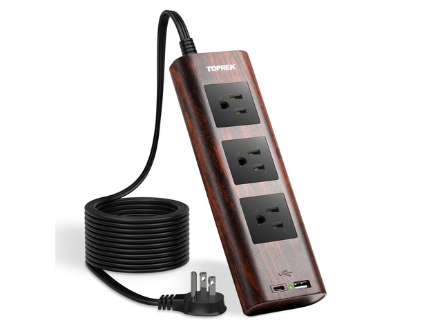 Power Strip Surge Protector (1800J) 10FT Extension Cord with Ultra Thin Flat Plug, 3 Widely-Spaced Outlets, 1 USB-C & 1 USB-A Port, Wood Finish...