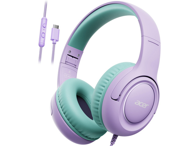 USBC Kids Headphones for School, 8594dB Limiter, w/Mic HK03C Foldable Wired Over Ear Headphones, for Toddler School/Travel/iPad/Tablet, PurpleGreen