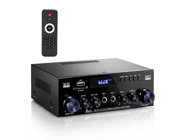 Bluetooth 5.0 Stereo Amplifier 400W 2.1 CH Home Audio Receiver for Passive Speakers & Sub Dual Mic in (Echo Adjust) USB/SD/FM Bass & Treble...