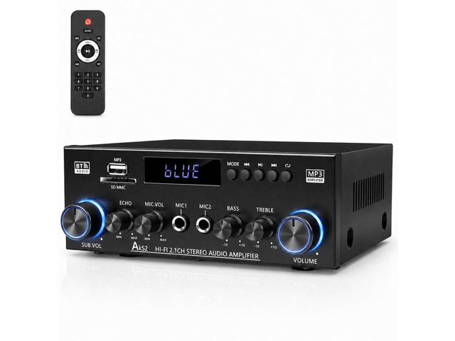 Bluetooth 5.0 Stereo Amplifier, 2.1 Channel 400W Home Audio Stereo Receiver for 2 Passive Speakers & Passive Subwoofer, Dual Mic Inputs, USB/SD/FM,...