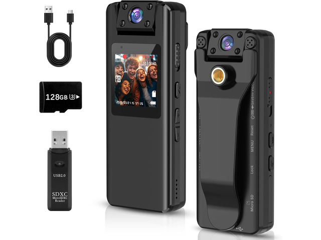 Body Camera with Audio and Video Recording: 128GB Mini Worn Body Cam with 180° Rotating Lens, 1080P Wearable Bodycam with 9HR Battery Night Vision...