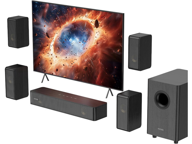 5.1.2 Virtual Surround Sound System for Small Rooms, Compact Smart TV Sound Bars Home Theater w/4 Wired Speakers, Clear Voice & Deep Bass, 5.25''...