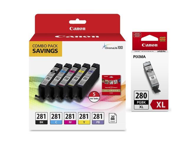 Genuine CLI-281 5-Color Ink Tank Combo Pack with 5 x 5 Photo Paper (2091C006) PGI-280 XL Pigment Black Ink Tank (2021C001)